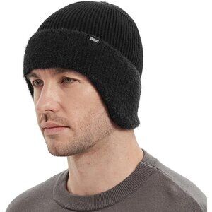 Unisex Black Fleece Thermal Lined Knit Warm Earflap Winter Classic Stocking Cap